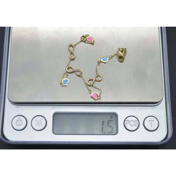 Real 14K Yellow Solid Gold 7" Shiny Infinity Multicolor Enamel Hearts Bracelet